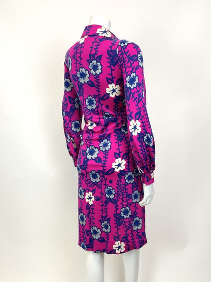VINTAGE 70s NEON PINK BLUE WHITE PSYCHEDELIC FLORAL DAGGER SHIRT SWING DRESS 8