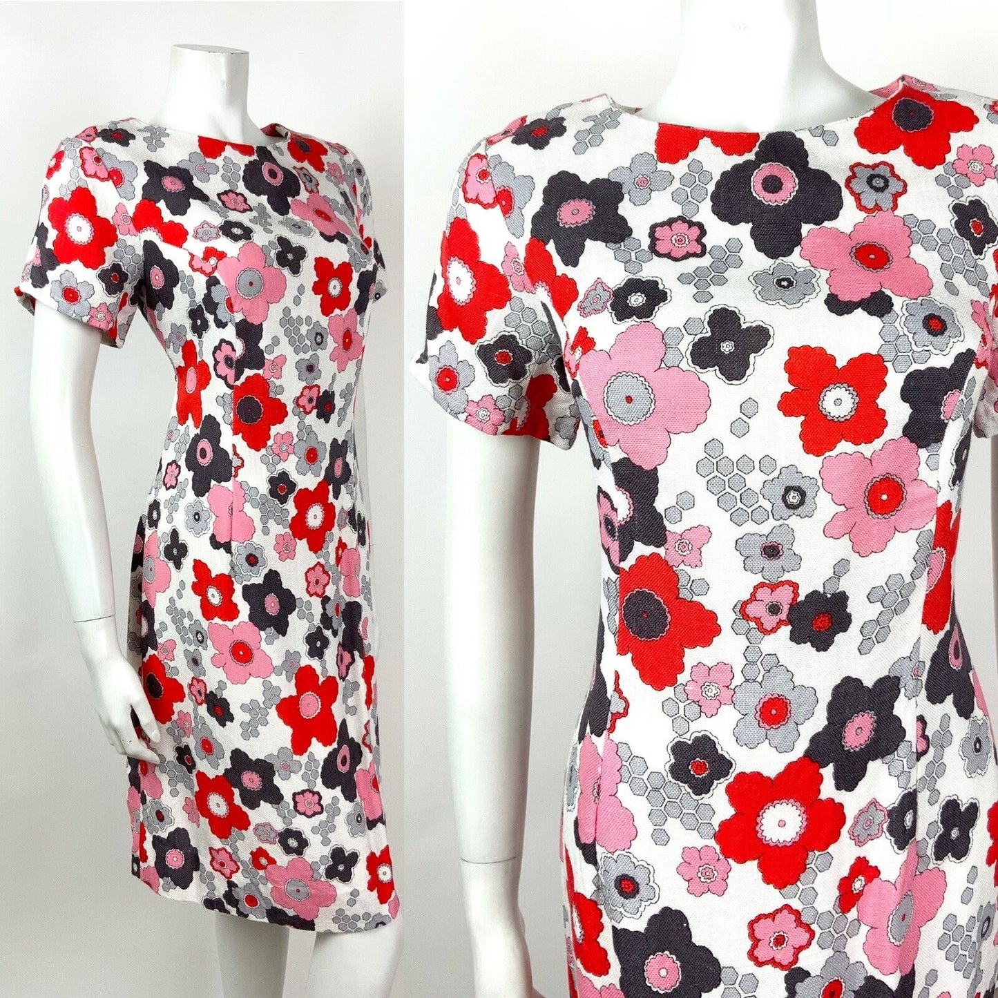 VTG 60s 70s WHITE RED PINK GREY FLORAL FLOWER POWER PSYCHEDELIC DRESS 12 14