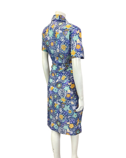 VINTAGE 60s 70s BLUE GREEN WHITE PSYCHEDELIC FLORAL MANDALA SHIRT DRESS 16