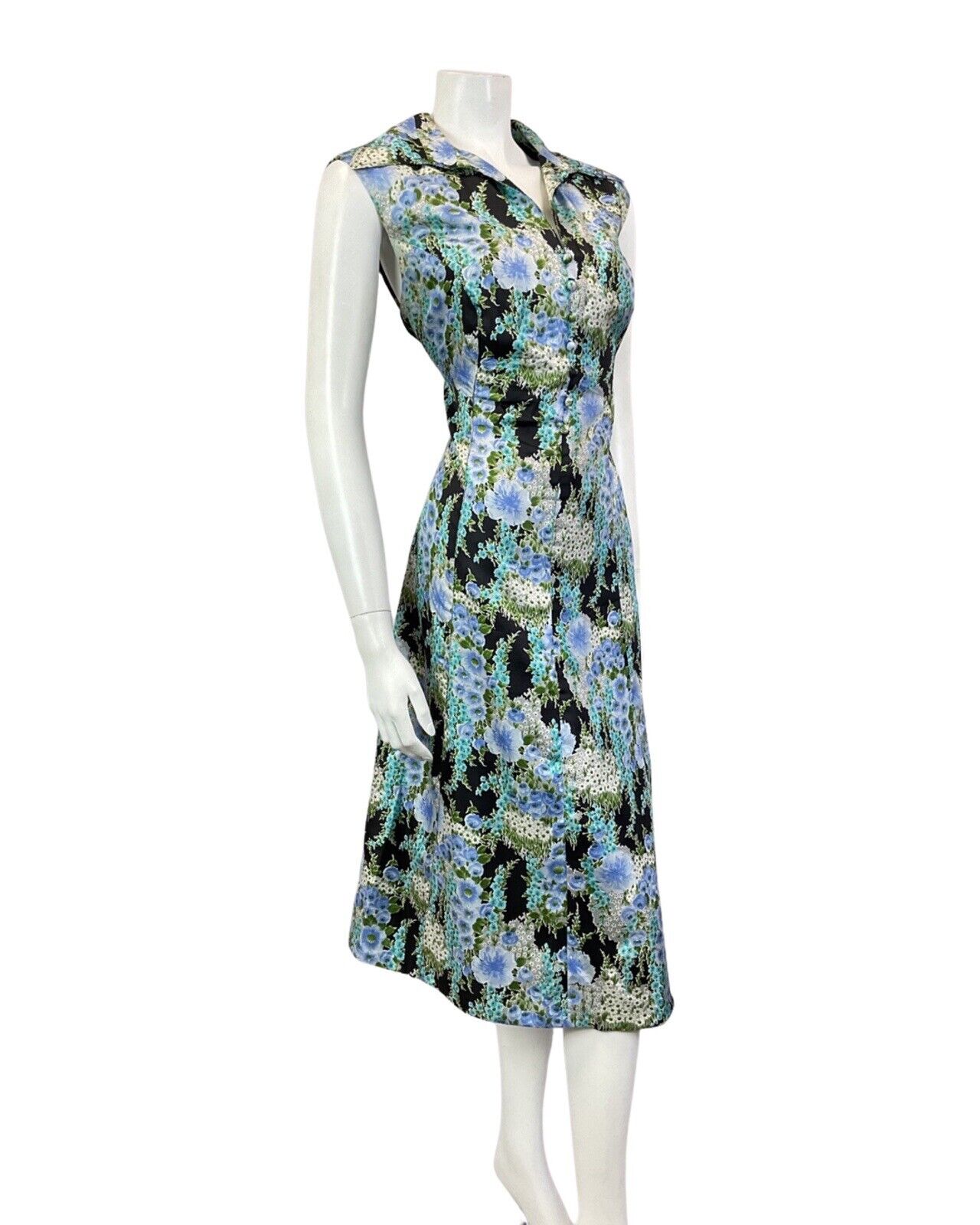 VINTAGE 60s 70s BLUE GREEN BLACK FLORAL WING COLLAR SLEEVELESS DRESS 16 18