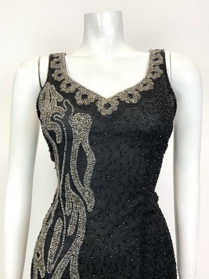 VINTAGE 70s 80s BLACK GREY SILVER BEADED SEQUIN STUDIO 54 GLAM PARTY DRESS 12