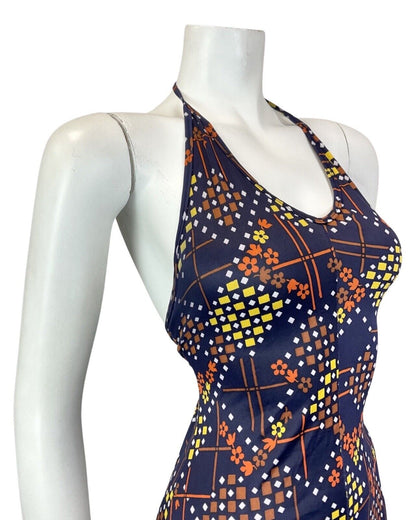 VINTAGE 60s 70s BLUE BROWN YELLOW GEOMETRIC MOD SUMMER HALTER DRESS 8