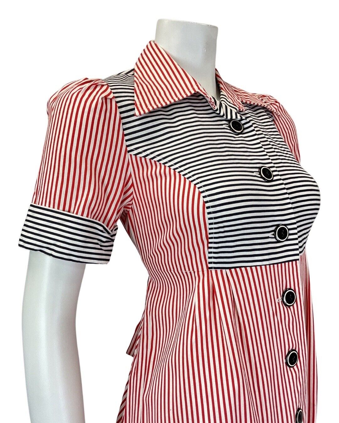 VINTAGE 60s 70s RED WHITE BLACK STRIPED BELTED MOD DAGGER MIDI SHIRT DRESS 8 10