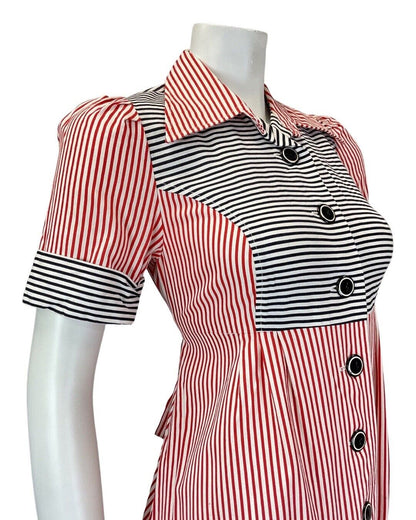 VINTAGE 60s 70s RED WHITE BLACK STRIPED BELTED MOD DAGGER MIDI SHIRT DRESS 8 10