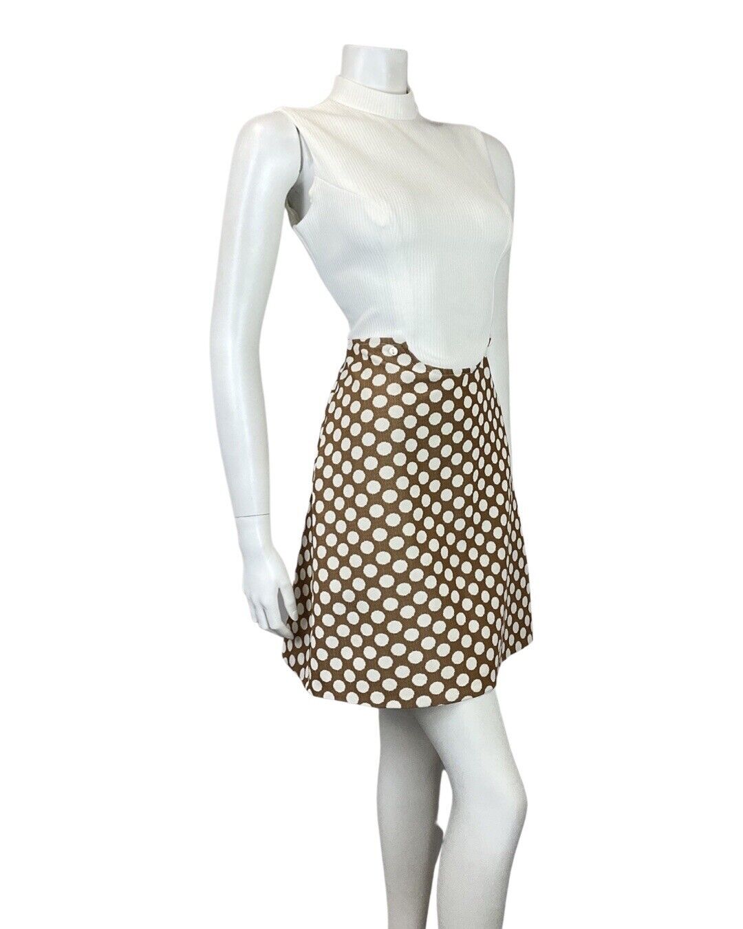 VINTAGE 60s 70s BROWN WHITE POLKA DOT MOD SLEEVELESS SUMMER DRESS 8 10