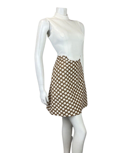 VINTAGE 60s 70s BROWN WHITE POLKA DOT MOD SLEEVELESS SUMMER DRESS 8 10