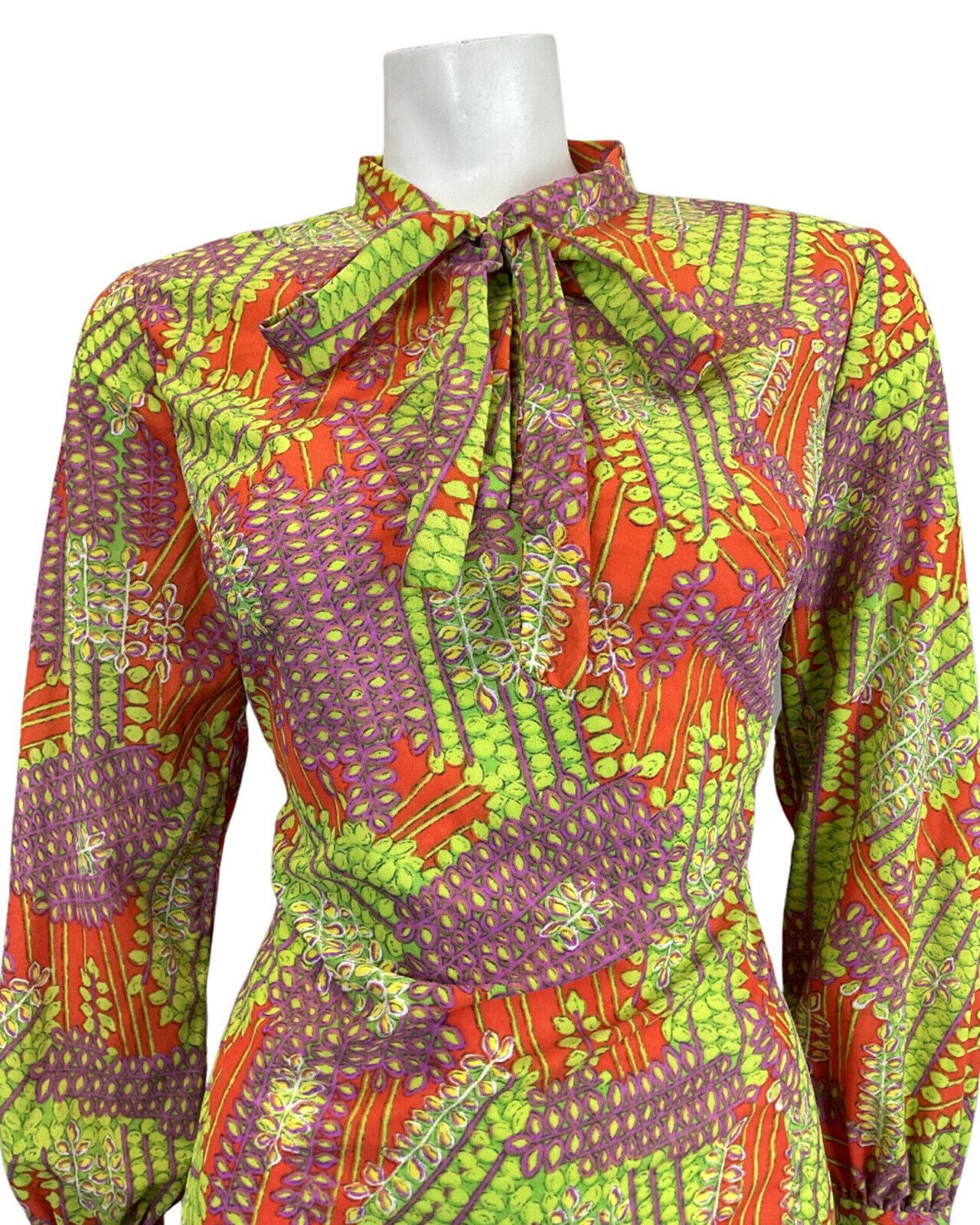 VINTAGE 60s 70s ORANGE GREEN PURPLE PSYCHEDELIC VINE LEAFY BOW MOD DRESS 12 14
