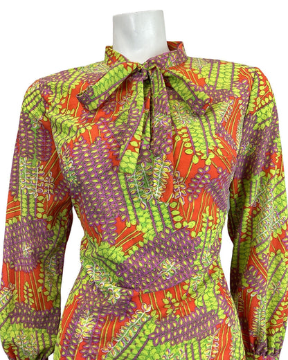 VINTAGE 60s 70s ORANGE GREEN PURPLE PSYCHEDELIC VINE LEAFY BOW MOD DRESS 12 14