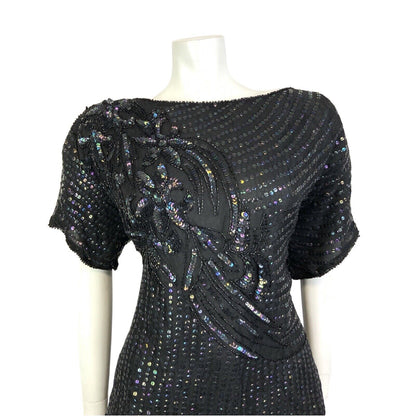 VTG 60s 70s BLACK STRIPED FLORAL SEQUIN BEADED DISCO STUDIO 54 GLAM TOP 18 20