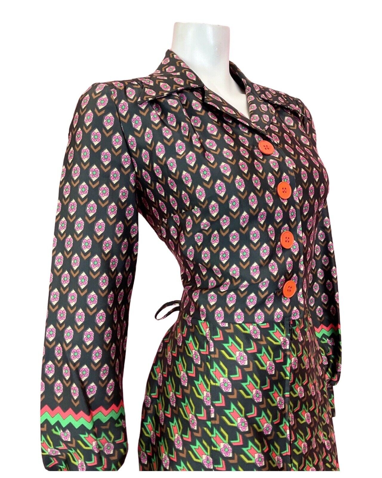 VTG 60s 70s BLACK GREEN PINK PSYCHEDELIC GEOMETRIC DAISY DAGGER SHIRT DRESS 14