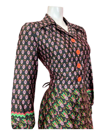 VTG 60s 70s BLACK GREEN PINK PSYCHEDELIC GEOMETRIC DAISY DAGGER SHIRT DRESS 14