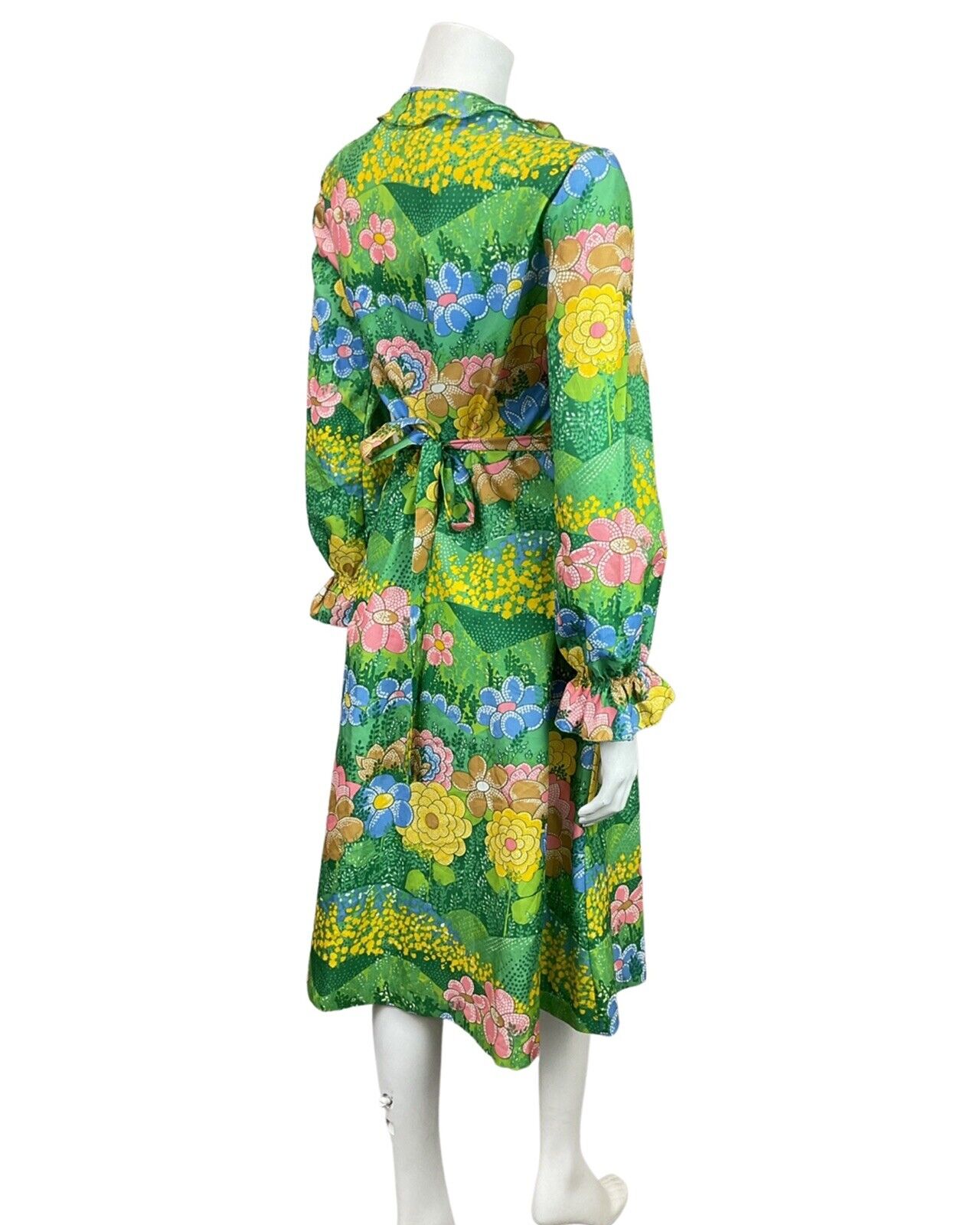 VINTAGE 60s 70s GREEN BLUE YELLOW PSYCHEDELIC FLORAL GARDEN RUFFLE WRAP DRESS 10