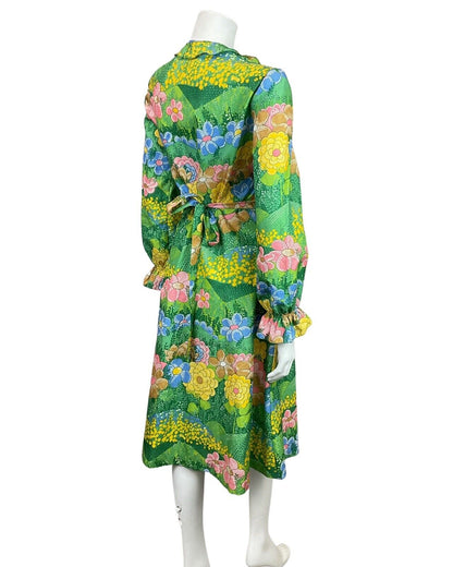 VINTAGE 60s 70s GREEN BLUE YELLOW PSYCHEDELIC FLORAL GARDEN RUFFLE WRAP DRESS 10