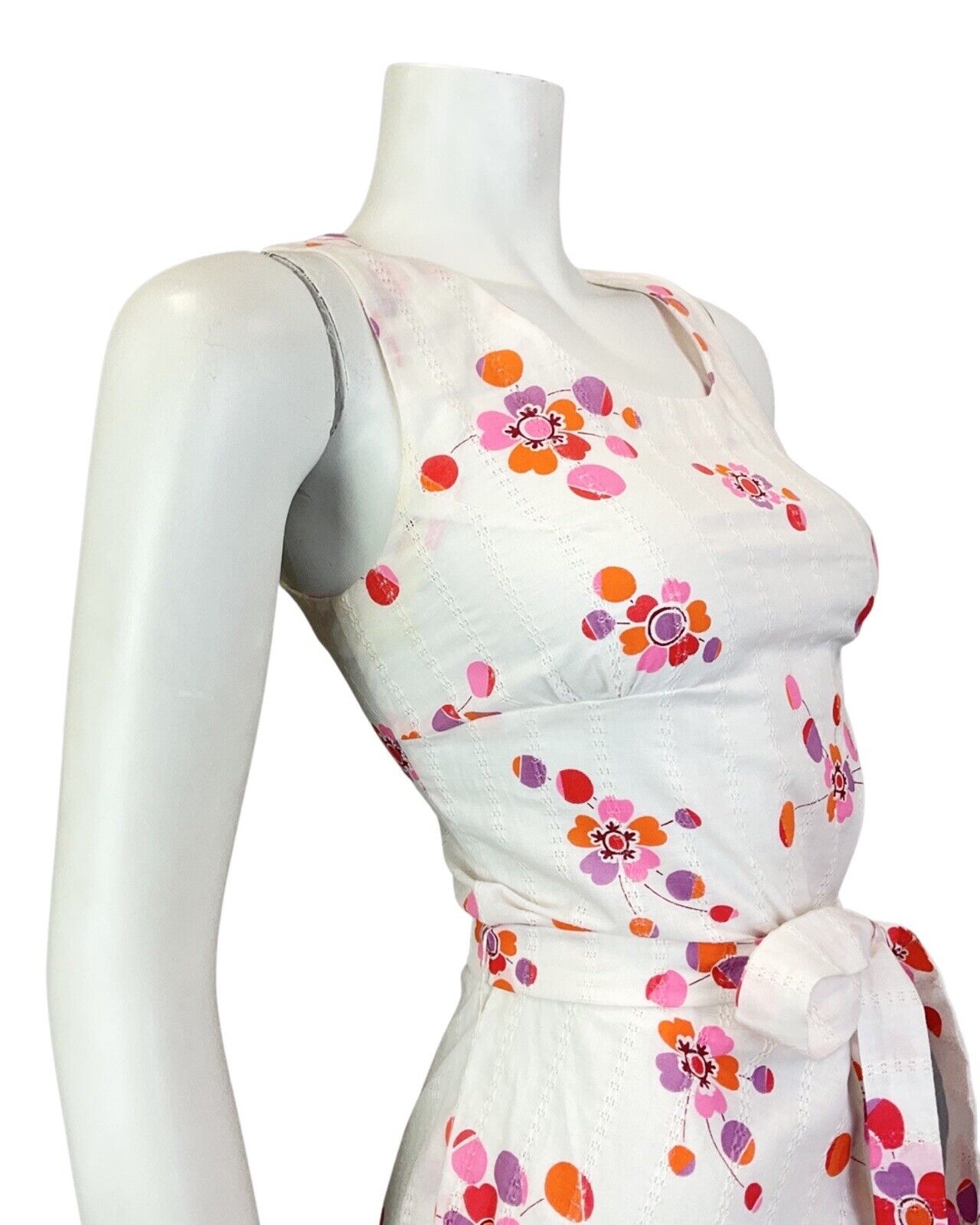 VINTAGE 60s 70s WHITE RED PINK FLORAL DOTTY MOD SLEEVELESS SUMMER DRESS 10