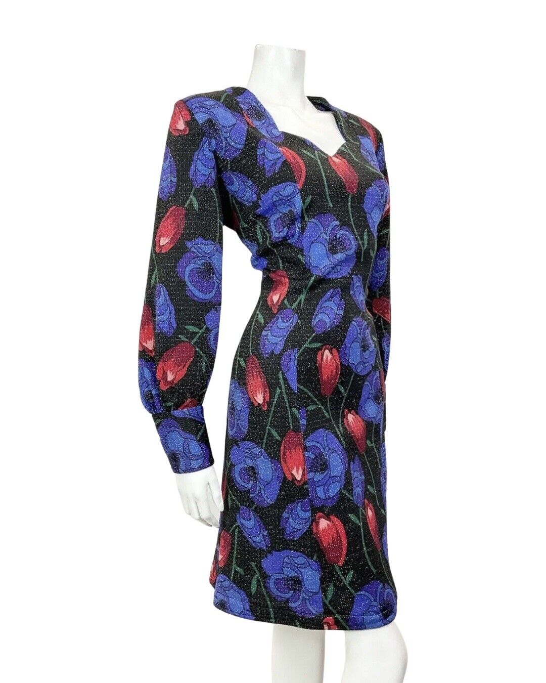 VINTAGE 60s 70s BLACK BLUE RED FLORAL ROSE TULIP LUREX PARTY GLAM DRESS 16 18