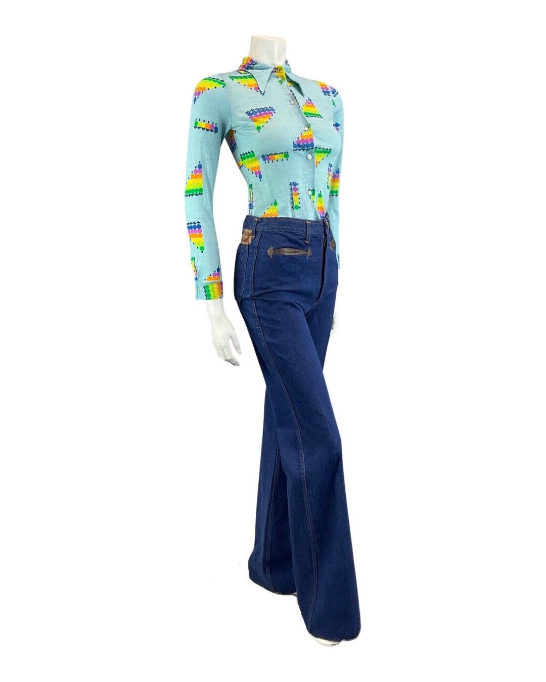 VINTAGE 60s 70s BLUE GREEN YELLOW GEOMETRIC DOTTY MOD DAGGER COLLAR SHIRT 4