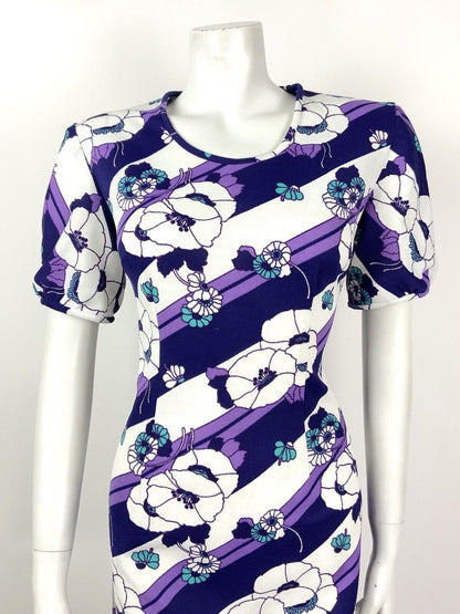 VINTAGE 60s 70s PURPLE WHITE TURQUOISE STRIPED FLORAL MOD DRESS 14 16