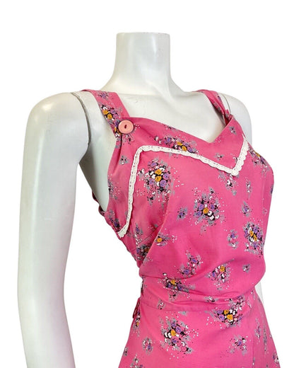 VINTAGE 70s PINK WHITE BLACK FLORAL BOUQUET LACE DITSY SUMMER SUN-DRESS 12 14