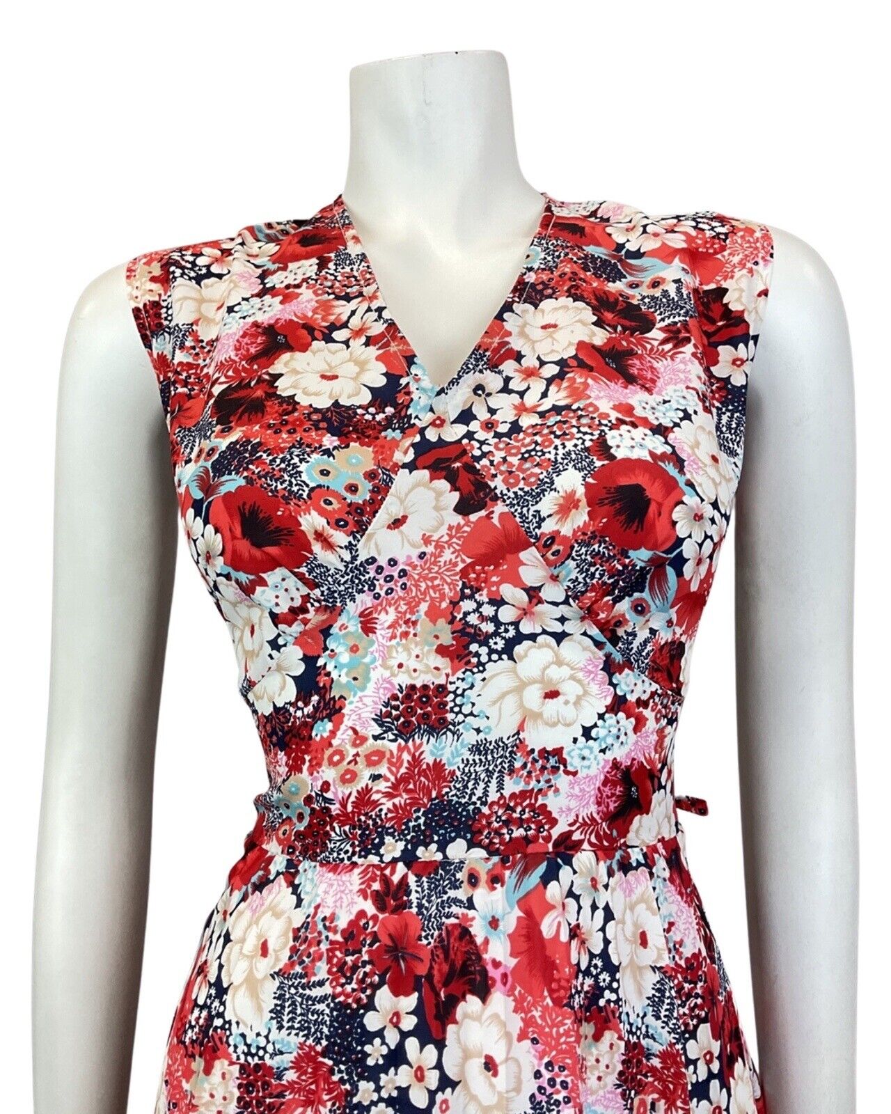 VINTAGE 60s 70s RED BLUE WHITE FLORAL DITSY SLEEVELESS SUMMER SWING DRESS 14