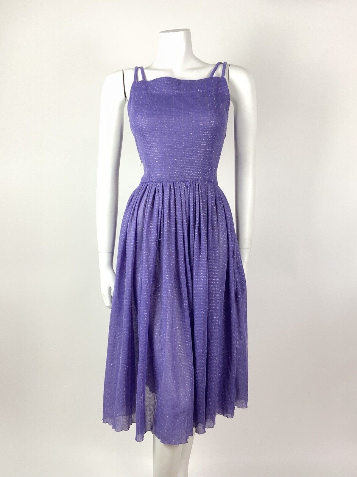 VINTAGE 60s 70s LILAC PURPLE SILVER LUREX STRAPPY STUDIO 54 DISCO DRESS 8