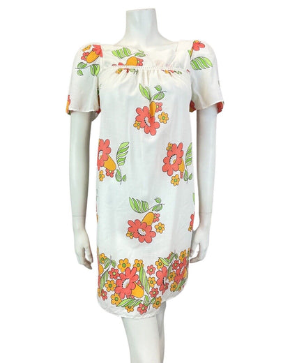 VINTAGE 60s 70s WHITE RED YELLOW FLORAL SUMMER MOD TENT YOKE DRESS 10