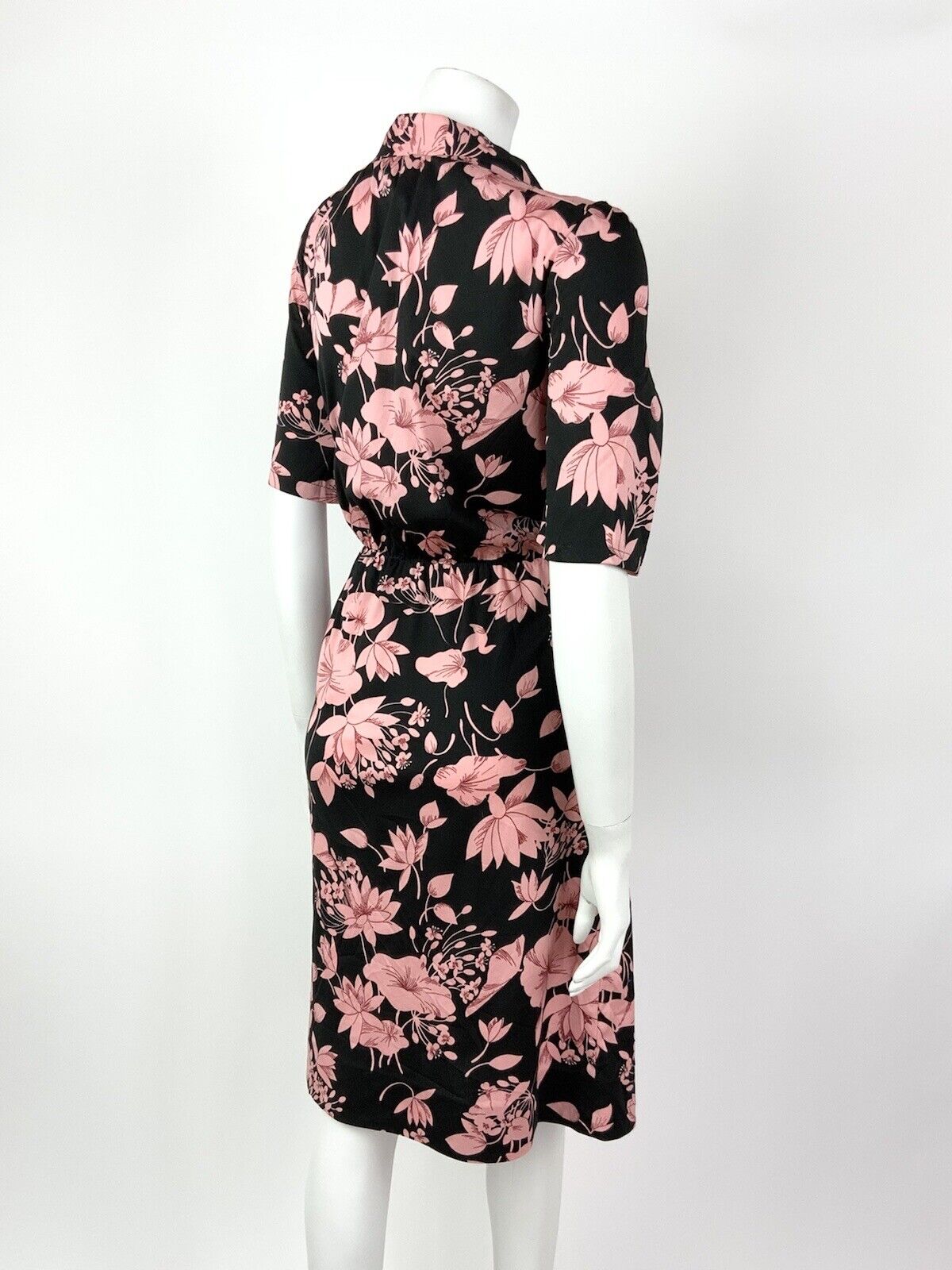 VTG 60s 70s BLACK BABY PINK RED FLORAL MANDARIN COLLAR BLOUSON SHIRT DRESS 12 14