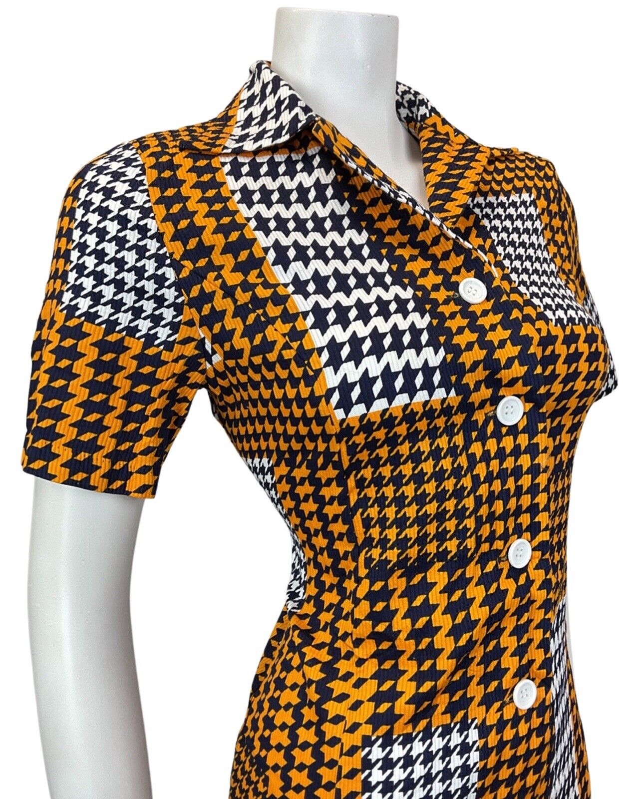 VINTAGE 60s STYLE 90s ORANGE BLUE WHITE GEOMETRIC DOGTOOTH DAGGER SHIRT DRESS 12