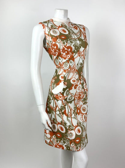 VINTAGE 60s 70s WHITE ORANGE GREEN FLORAL PSYCHEDELIC SLEEVELESS MOD DRESS 12 14