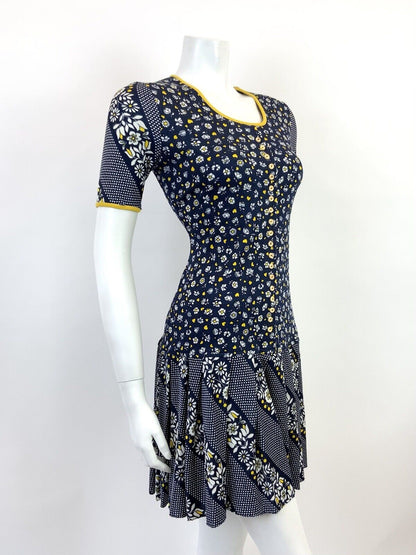 VINTAGE 60s 70s BLUE WHITE YELLOW FLORAL POLKA DOT LOVE HEART MOD DRESS 12