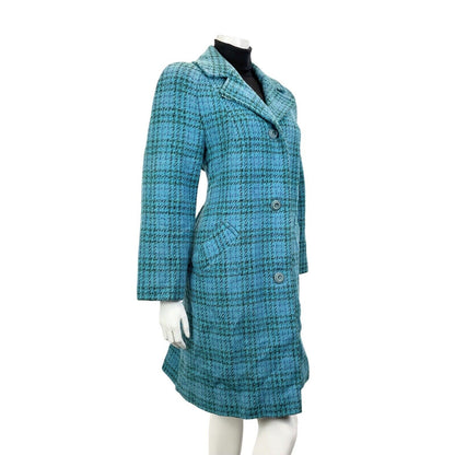VINTAGE 60s 70s TEAL BLUE PURPLE GREEN PLAID CHECKED MOD WOOL COAT 14