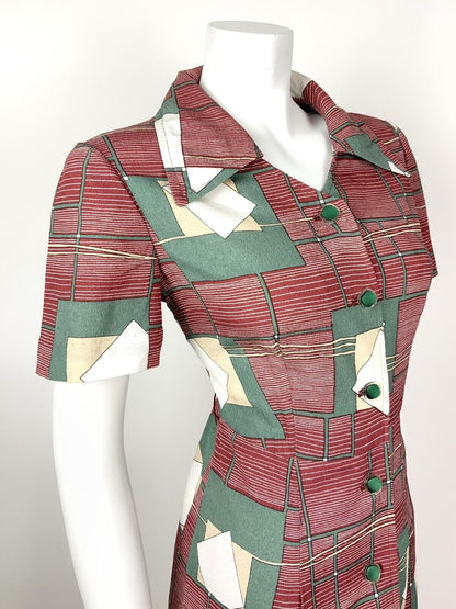 VINTAGE 60s 70s RED GREEN BEIGE WHITE GEOMETRIC STRIPED DAGGER SHIRT DRESS 12 14