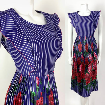 VTG 60s 70s BLUE WHITE RED PINK PIN STRIPE FLORAL ROSE PLEATED PRAIRIE DRESS 10
