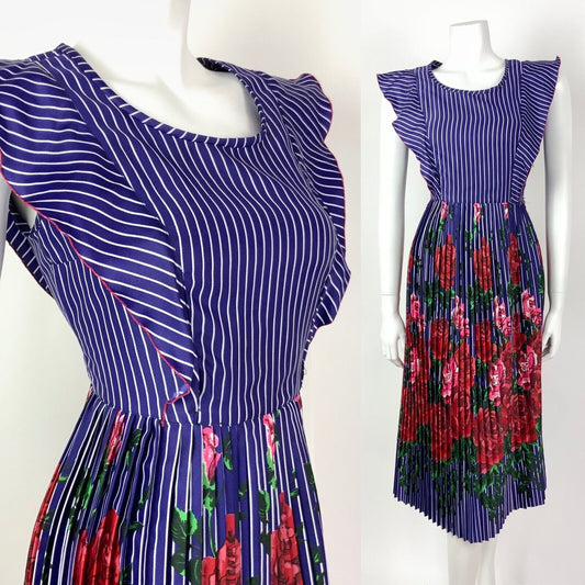 VTG 60s 70s BLUE WHITE RED PINK PIN STRIPE FLORAL ROSE PLEATED PRAIRIE DRESS 10