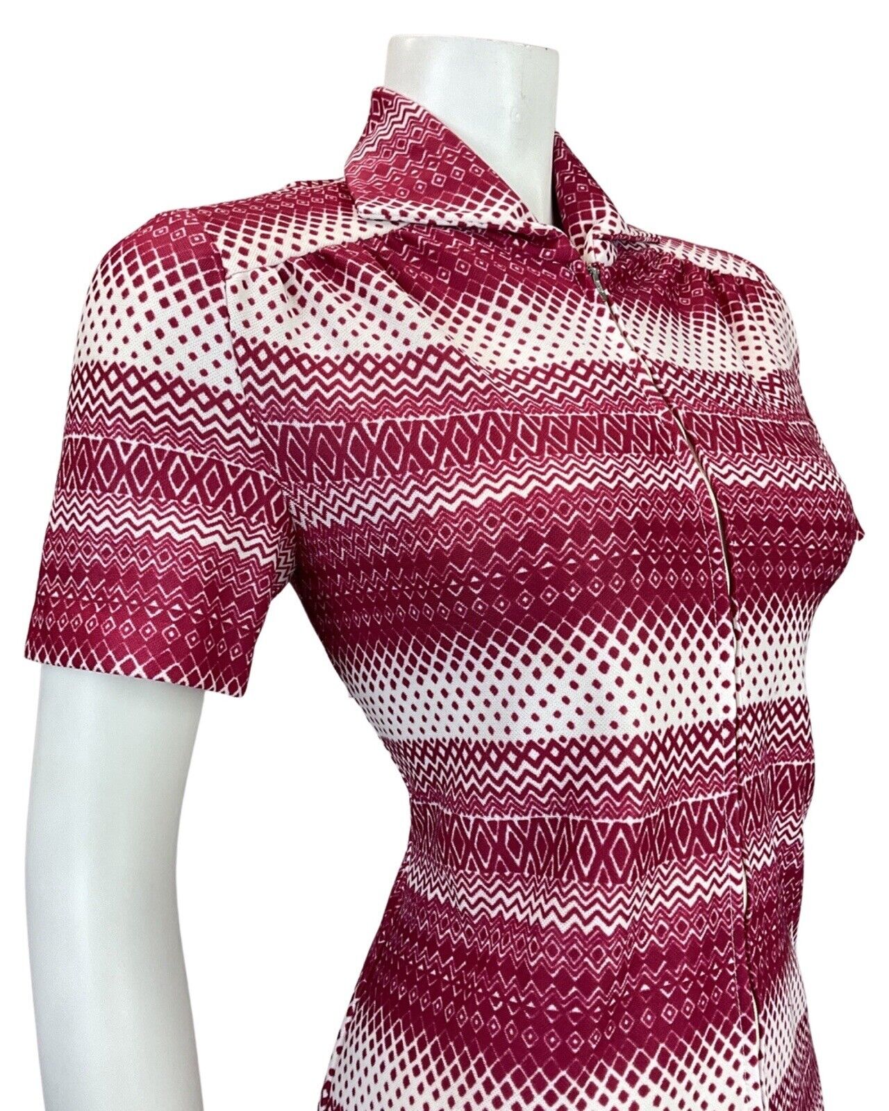 VINTAGE 60s 70s PURPLE GEOMETRIC STRIPED ZIG-ZAG DOTTY ZIP-UP MOD SHIRT DRESS 12
