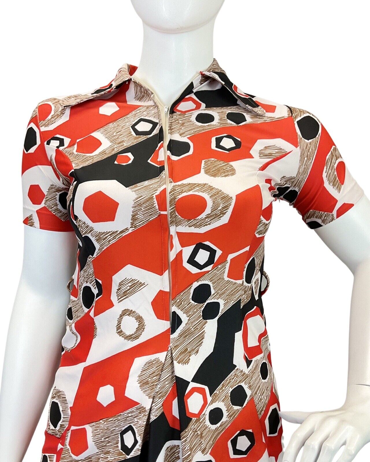 VTG 60s 70s RED WHITE BROWN BLACK GEOMETRIC ZIP-UP MOD SPOON SHIRT DRESS 14 16