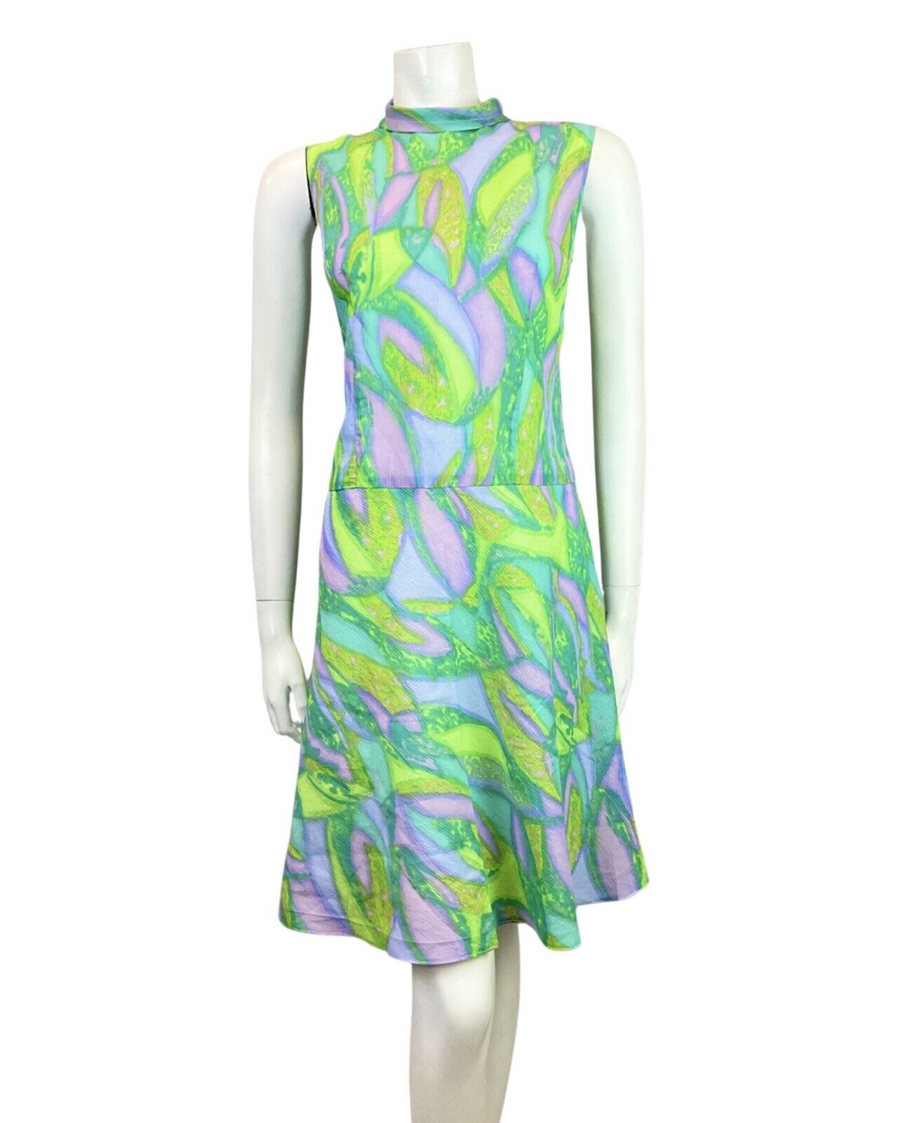 VINTAGE 60s 70s GREEN PURPLE BLUE PSYCHEDELIC SWIRL MOD SLEEVELESS DRESS 12 14