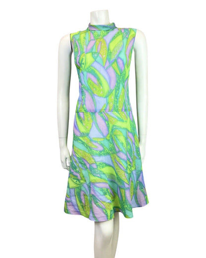 VINTAGE 60s 70s GREEN PURPLE BLUE PSYCHEDELIC SWIRL MOD SLEEVELESS DRESS 12 14