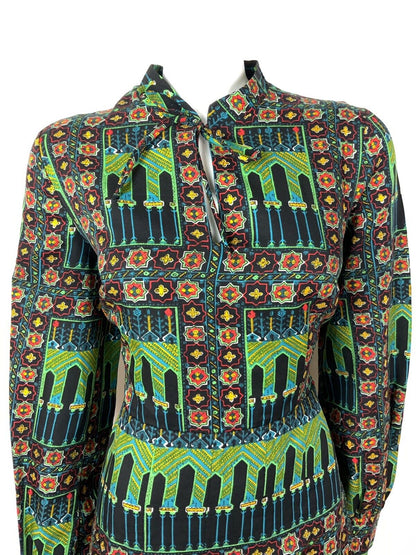 VTG 60s 70s BLACK GREEN YELLOW RED MOROCCAN TILE PSYCHEDELIC DRESS 12 14