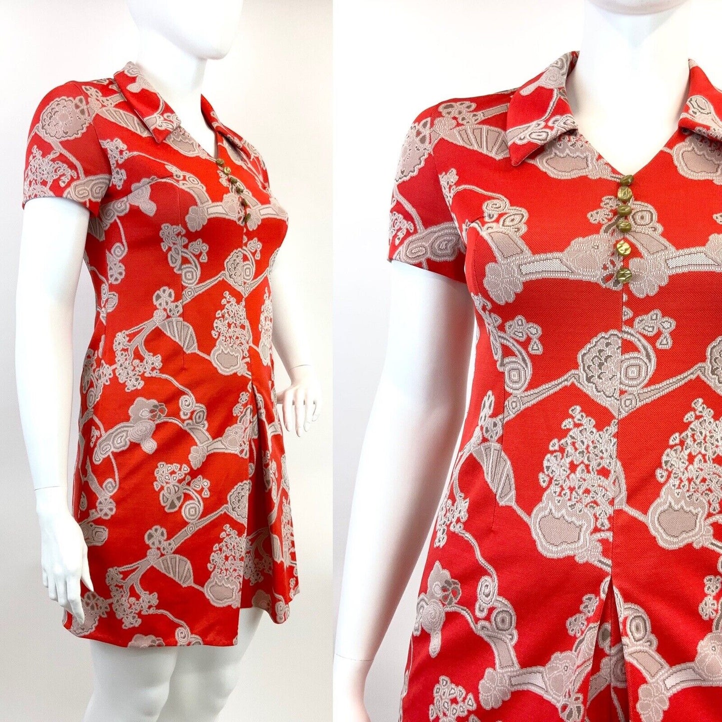 VINTAGE 60s 70s RED CREAM BROWN FLORAL ABSTRACT DAGGER COLLAR SHIRT DRESS 16