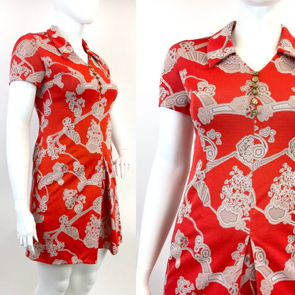 VINTAGE 60s 70s RED CREAM BROWN FLORAL ABSTRACT DAGGER COLLAR SHIRT DRESS 16