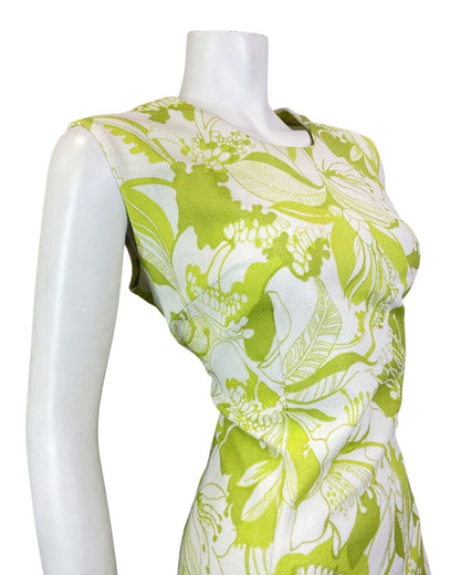 VINTAGE 60s 70s LIME GREEN WHITE FLORAL LEAFY SLEEVELESS SUMMER DRESS 14 16