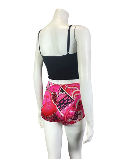 VINTAGE 60s 70s PINK RED BLACK PSYCHEDELIC FLORAL HIGH-WAISTED SWIM SHORTS 16