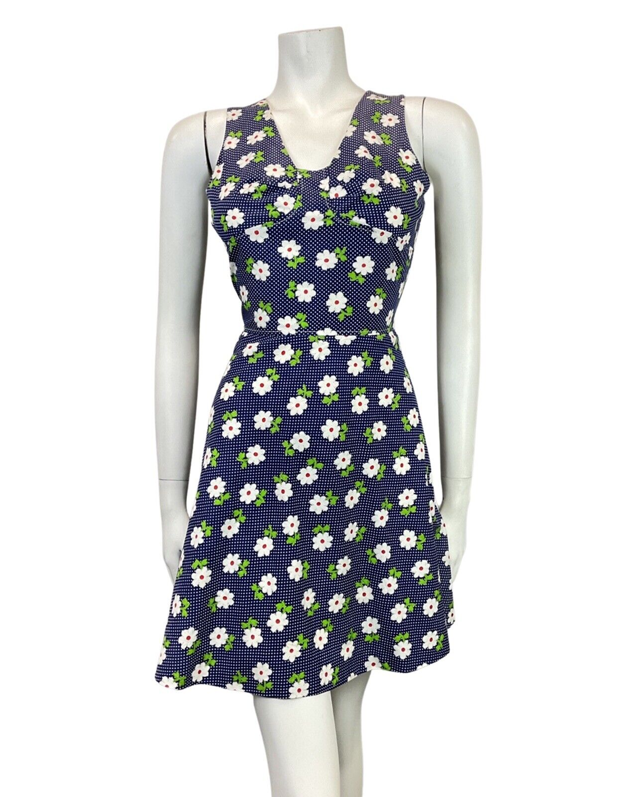 VINTAGE 60s 70s BLUE WHITE RED POLKA-DOT DAISY FLOWER SUMMER SWING DRESS 8 10