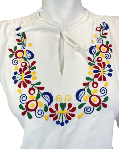 VINTAGE 60s 70s WHITE RED GREEN YELLOW FLORAL EMBROIDERED BOHO FOLK BLOUSE 12