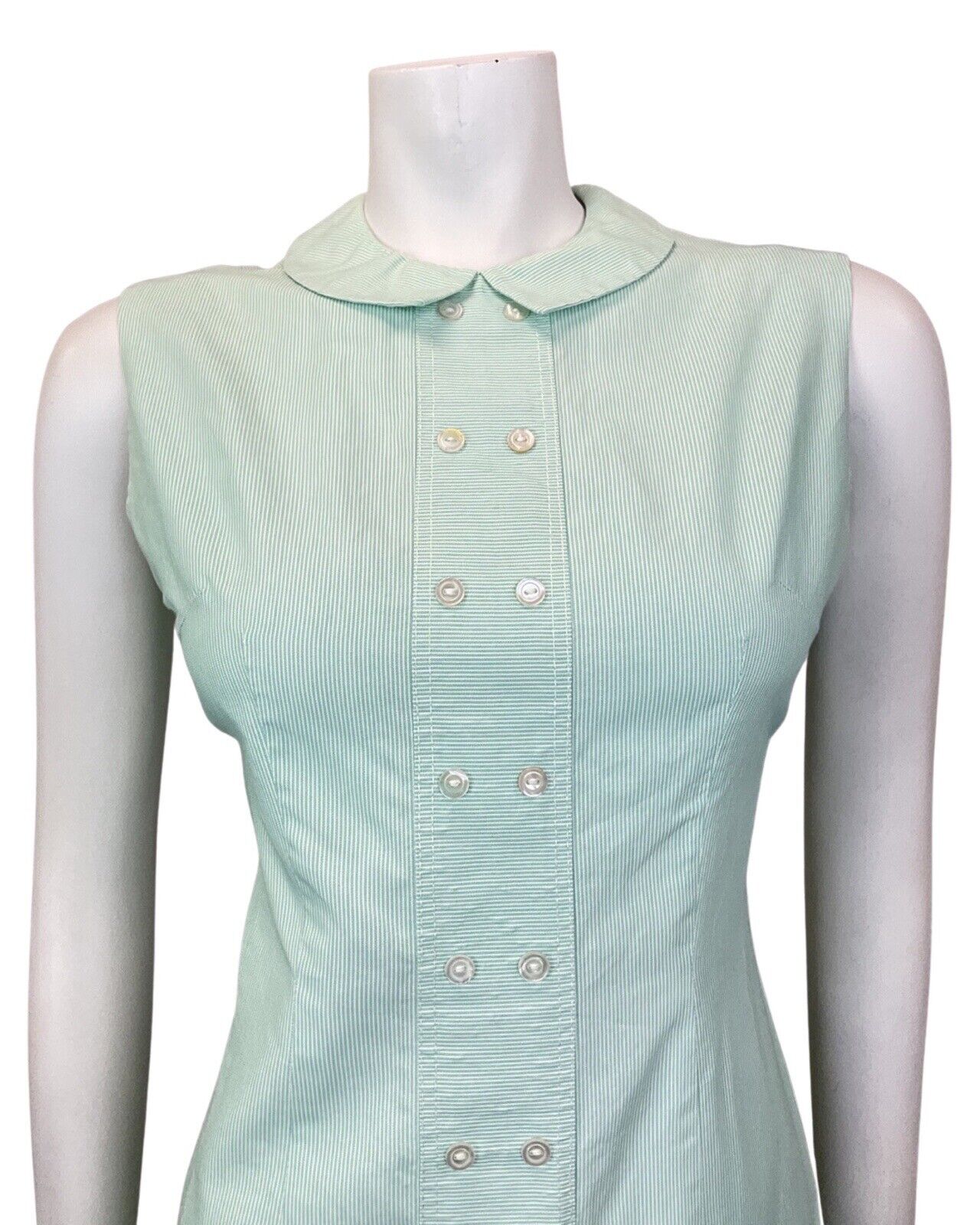 VINTAGE 60s 70s MINT GREEN WHITE PIN-STRIPE PETER PAN SLEEVELESS DRESS 12