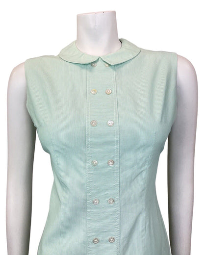 VINTAGE 60s 70s MINT GREEN WHITE PIN-STRIPE PETER PAN SLEEVELESS DRESS 12