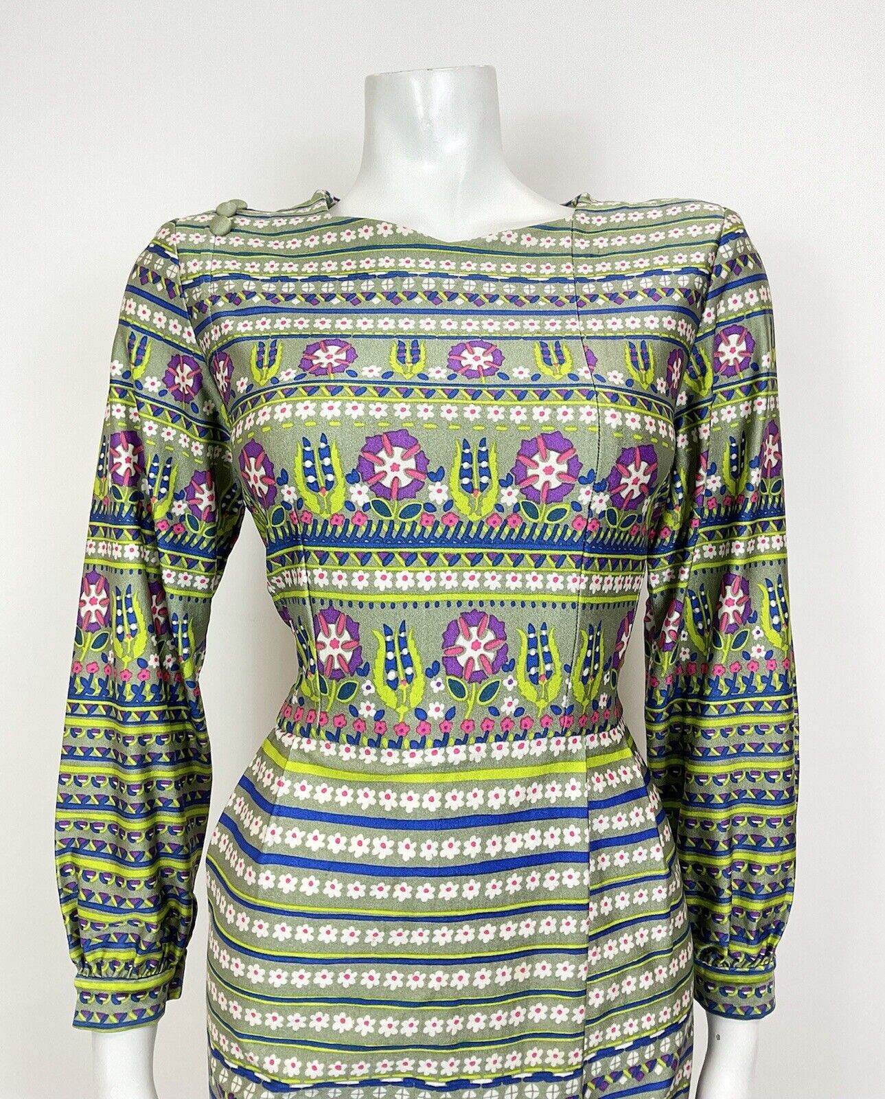 VTG 60s 70s GREEN BLUE PURPLE STRIPED DAISY GEOMETRIC MOD LONGSLEEVE DRESS 12 14
