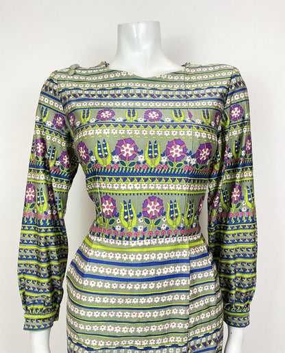 VTG 60s 70s GREEN BLUE PURPLE STRIPED DAISY GEOMETRIC MOD LONGSLEEVE DRESS 12 14