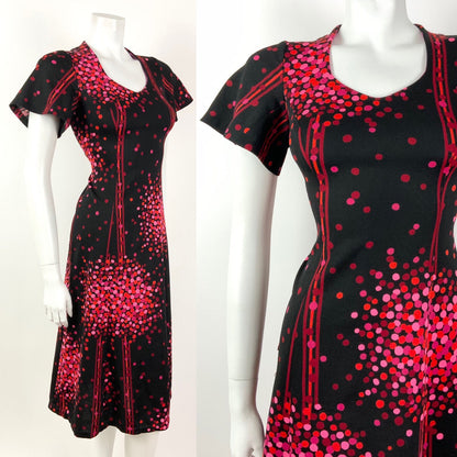 VINTAGE 60s 70s BLACK PINK RED ORANGE DOTTY STRIPE FIT & FLARE DRESS 12 14