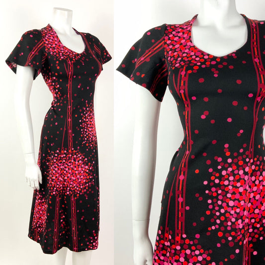 VINTAGE 60s 70s BLACK PINK RED ORANGE DOTTY STRIPE FIT & FLARE DRESS 12 14